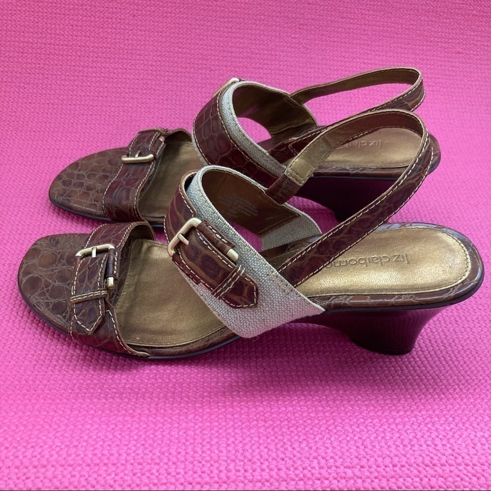 LIZ CLAIBORNE BROWN FAUX SNAKESKIN/CANVAS LEATHER SANDALS/HEELS size 10… - Picture 3 of 7